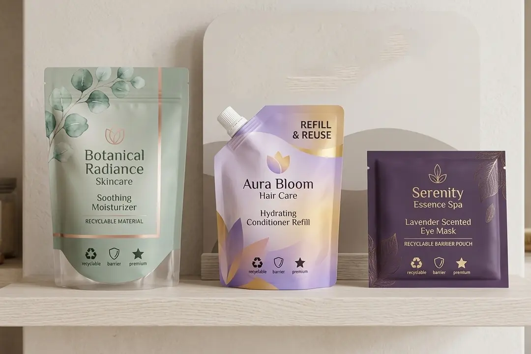 Custom packaging solutions for beauty and personal care products stand up pouch bags with recyclable and Biodegradable materials