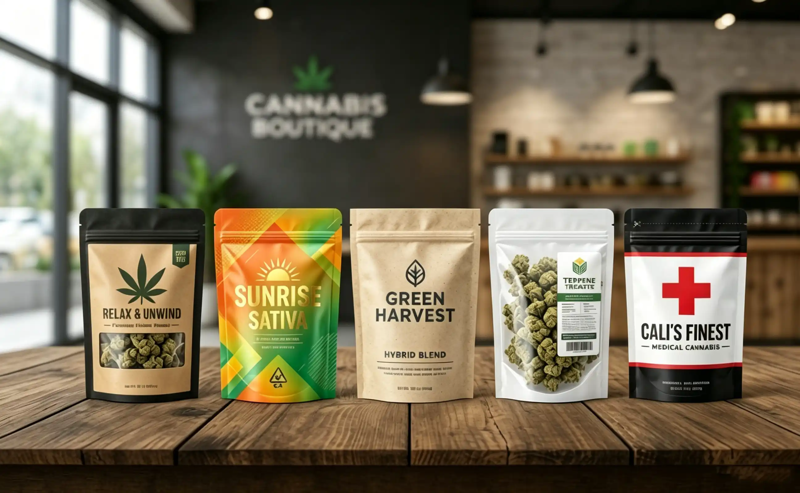 Child resistant stand up pouch packaging bag for cannabis products made with eco friendly materials for compliant brands