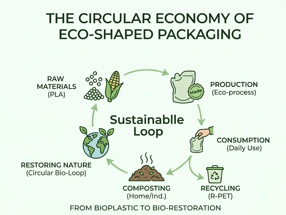 Circular economy packaging lifecycle showing sustainable eco friendly bag journey from production to reuse