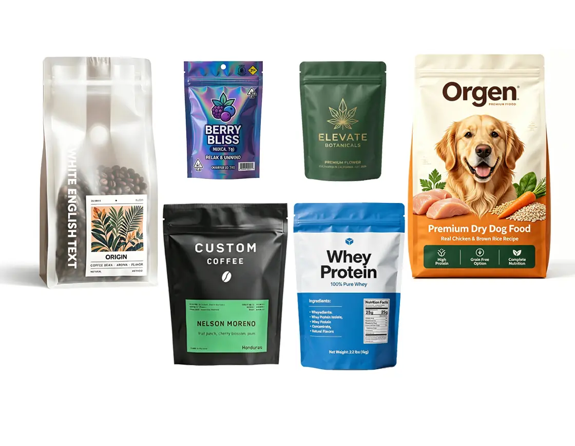 Custom eco friendly stand up pouch packaging for coffee, cannabis and protein powder brands made with recyclable and compostable materials