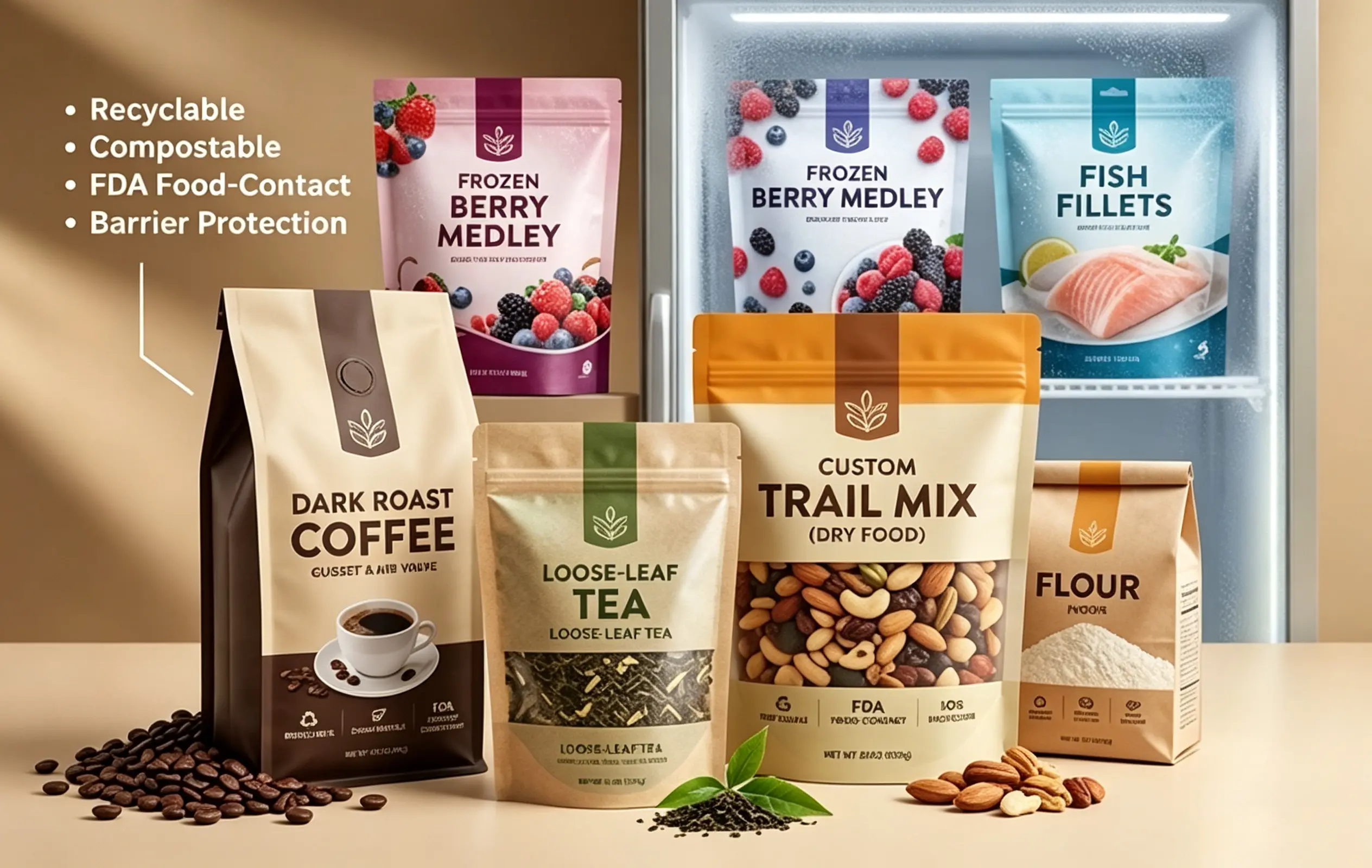 Custom food coffee tea packaging flexible stand up pouch made with recyclable eco friendly materials bag