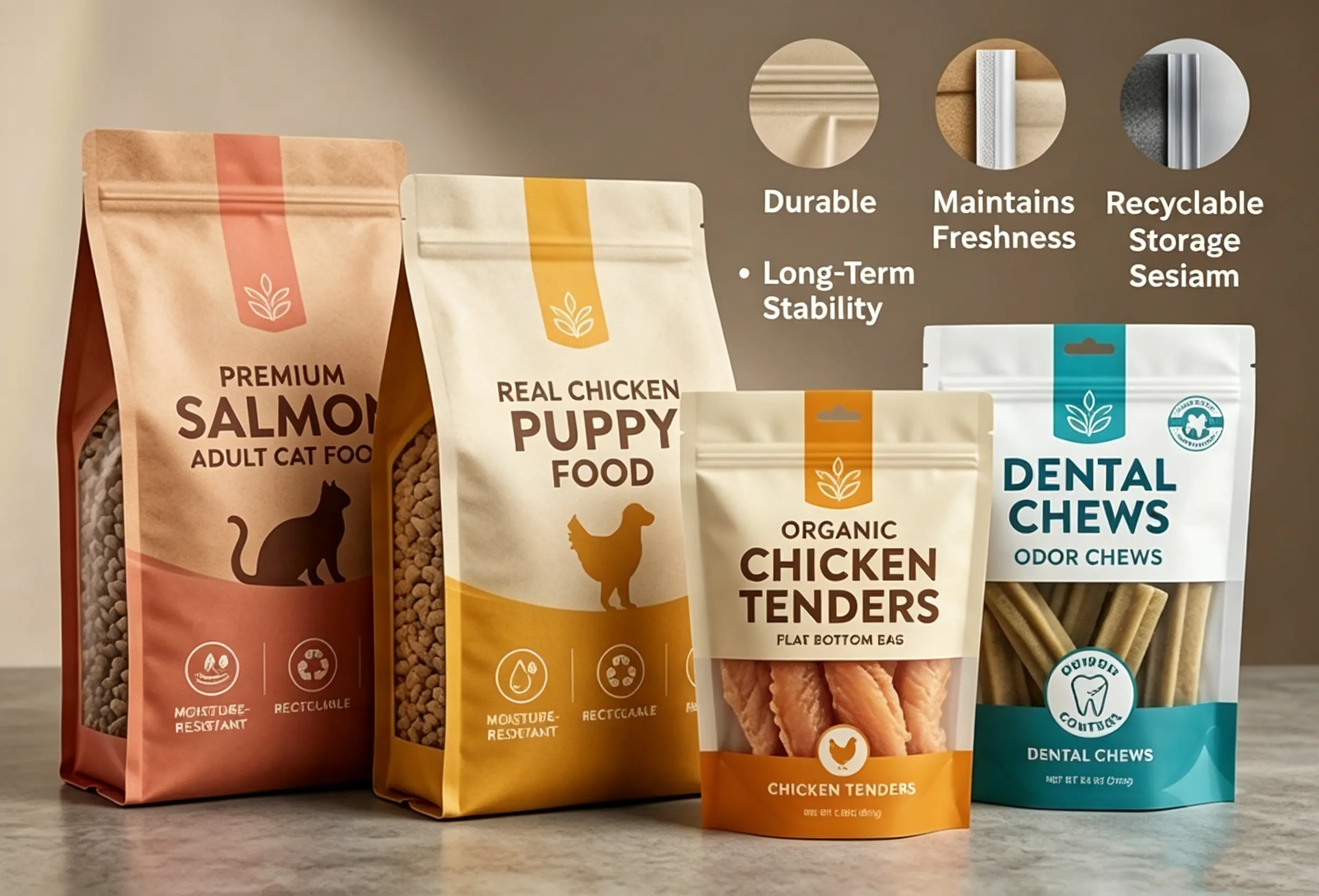 Custom stand up pouch packaging for pet food products with resealable recyclable eco friendly materials for pet brands