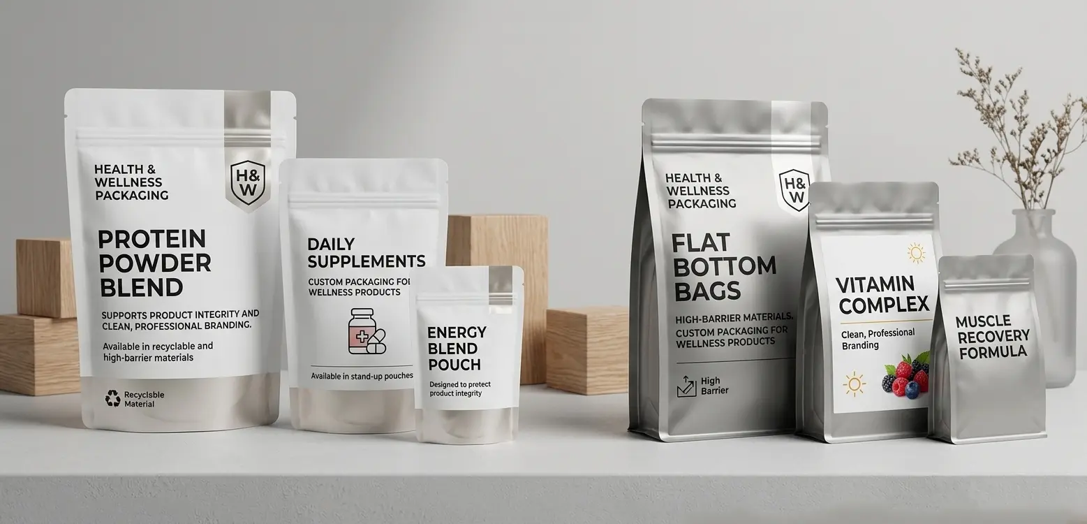 Custom stand up pouch packaging for protein powder and supplement brands made with eco friendly flexible packaging materials