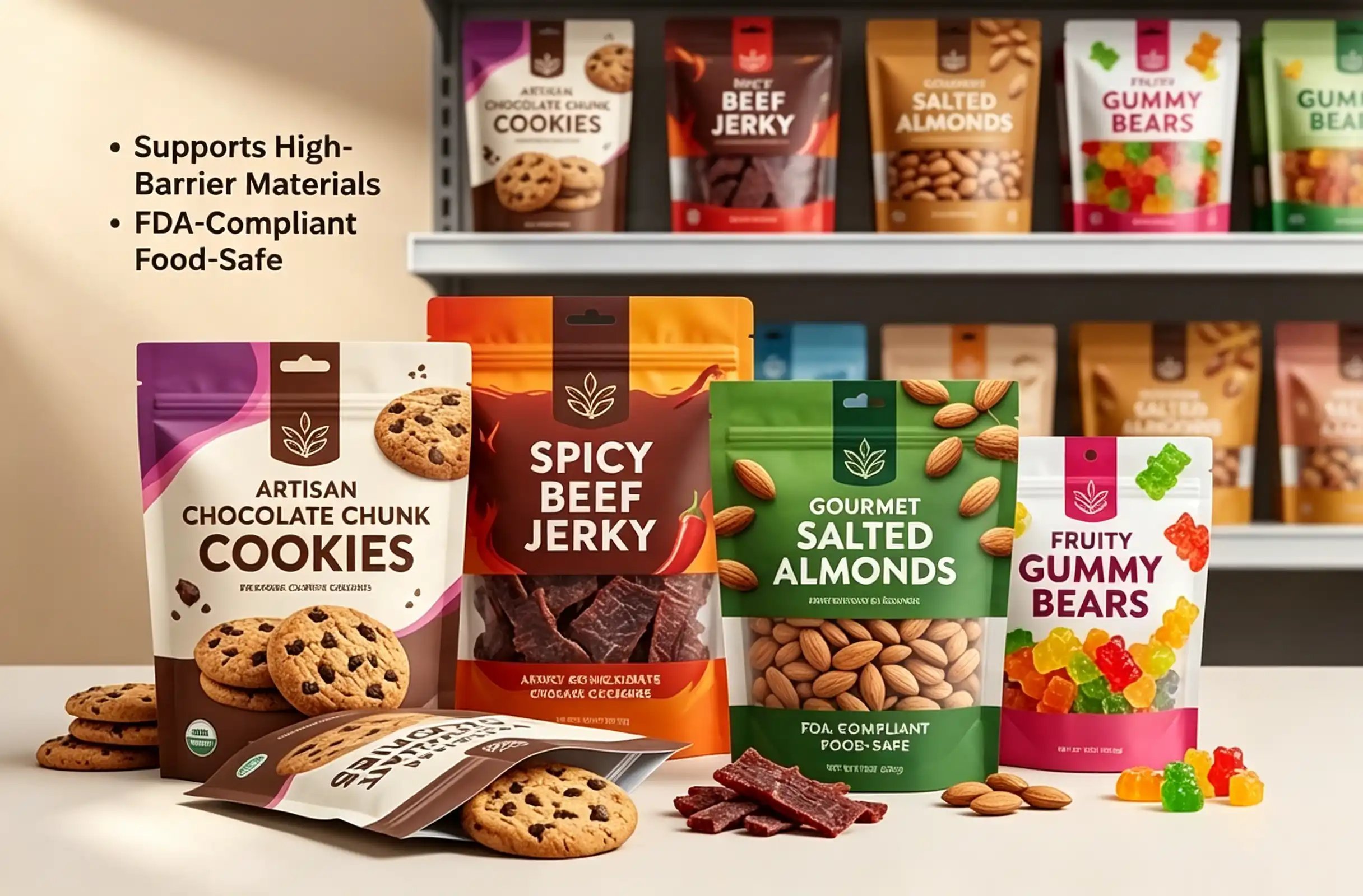 Custom snack and candy packaging bag stand up pouches for dried fruit,nuts, cookie, nuts, beef jerky